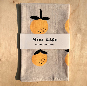 Orange screen printed tea towel