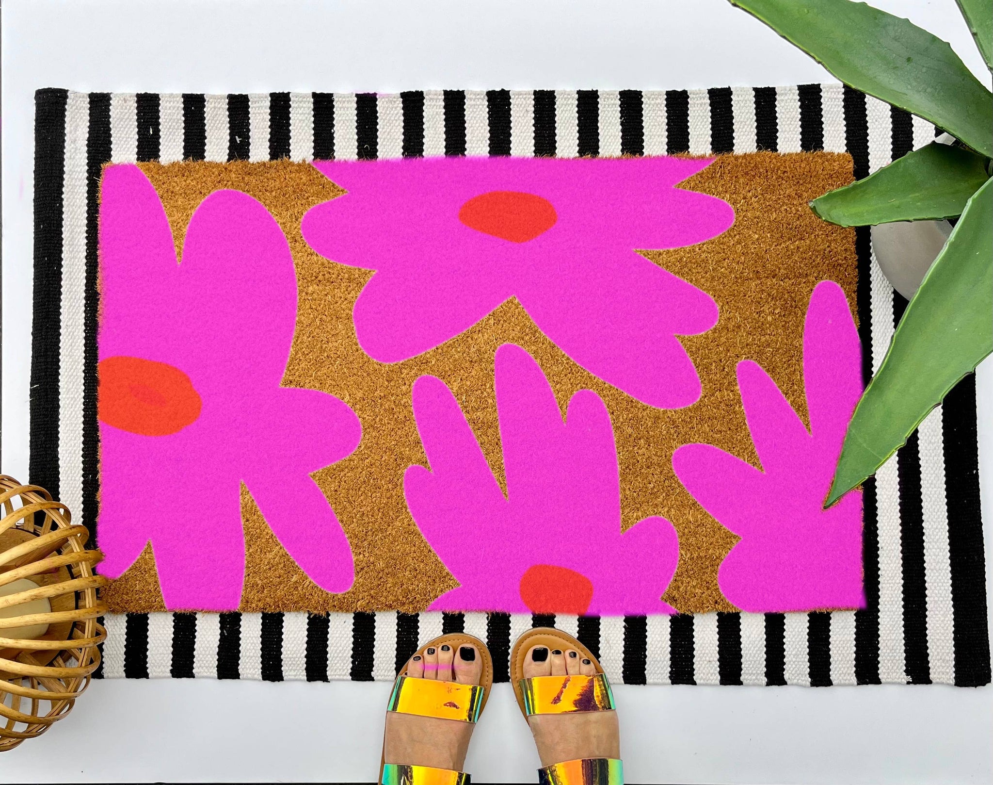 Retro Pink Flowers Coir Doormat